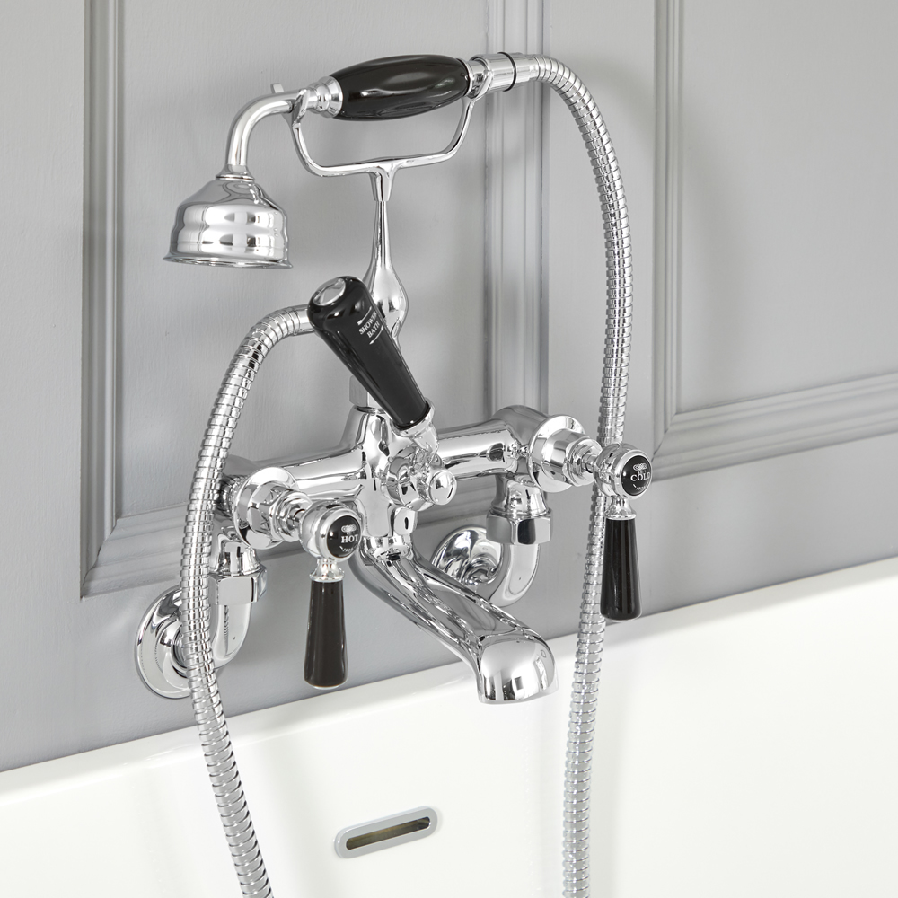 Badmengkraan Muurbevestiging Klassiek Steel Handvat, Handdouche & Baduitloop | Chroom en Zwart | Elizabeth