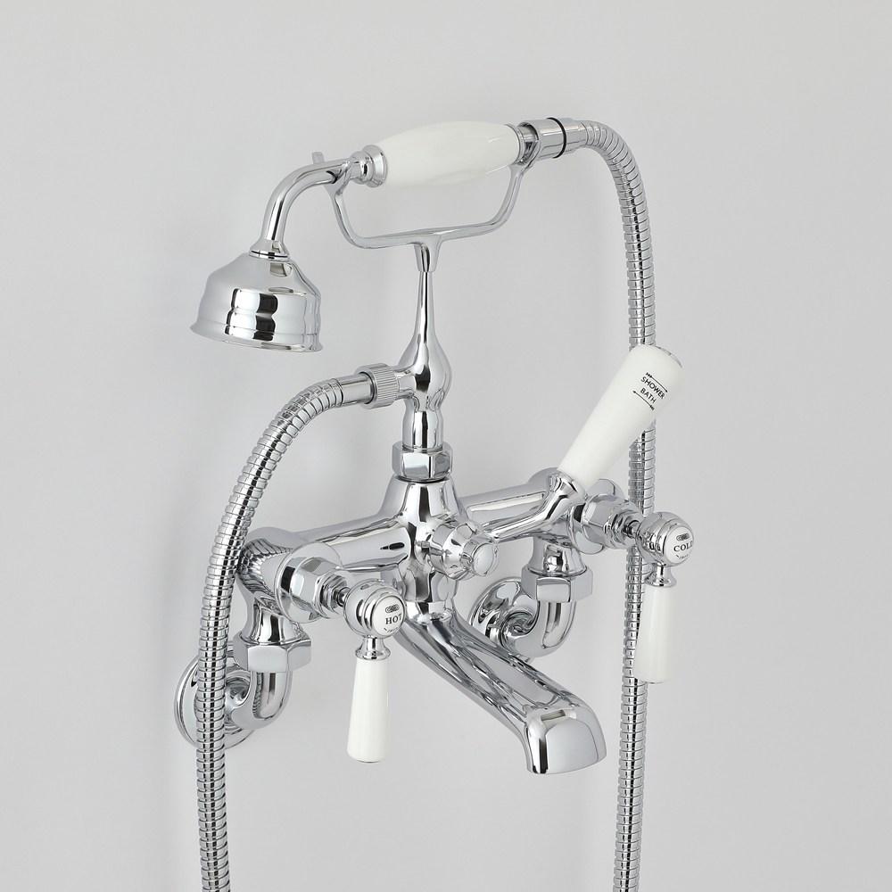 Badmengkraan Muurbevestiging Klassiek Steel Handvat, Handdouche & Baduitloop | Chroom en Wit | Elizabeth