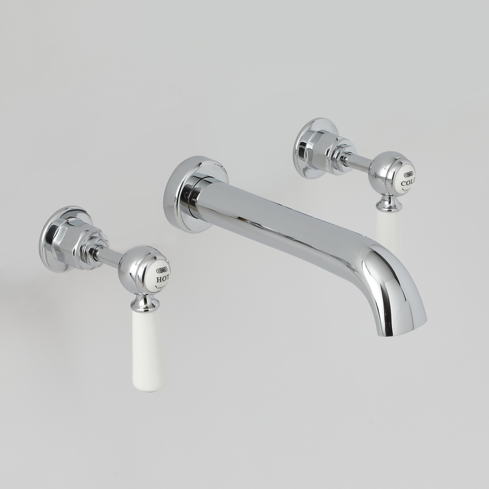 3-gats Wastafelmengkraan Muurbevestiging Klassiek Steel Handvat | Chroom en Wit | Elizabeth