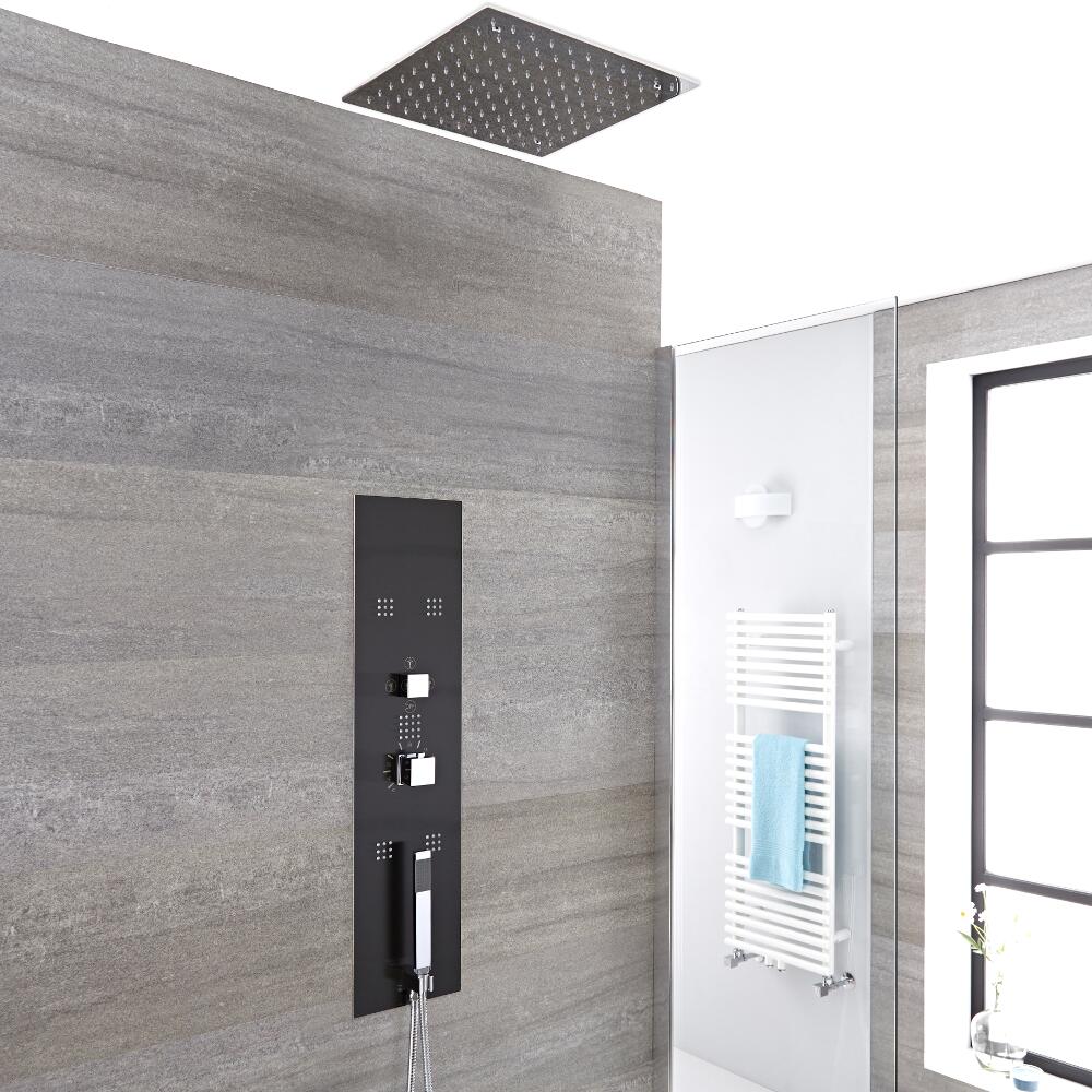 Iles 3-weg Inbouw Thermostatisch Douchepaneel Staalgrijs Verzonken Douchekop 40 x 40cm Handdouche en Zijdouches