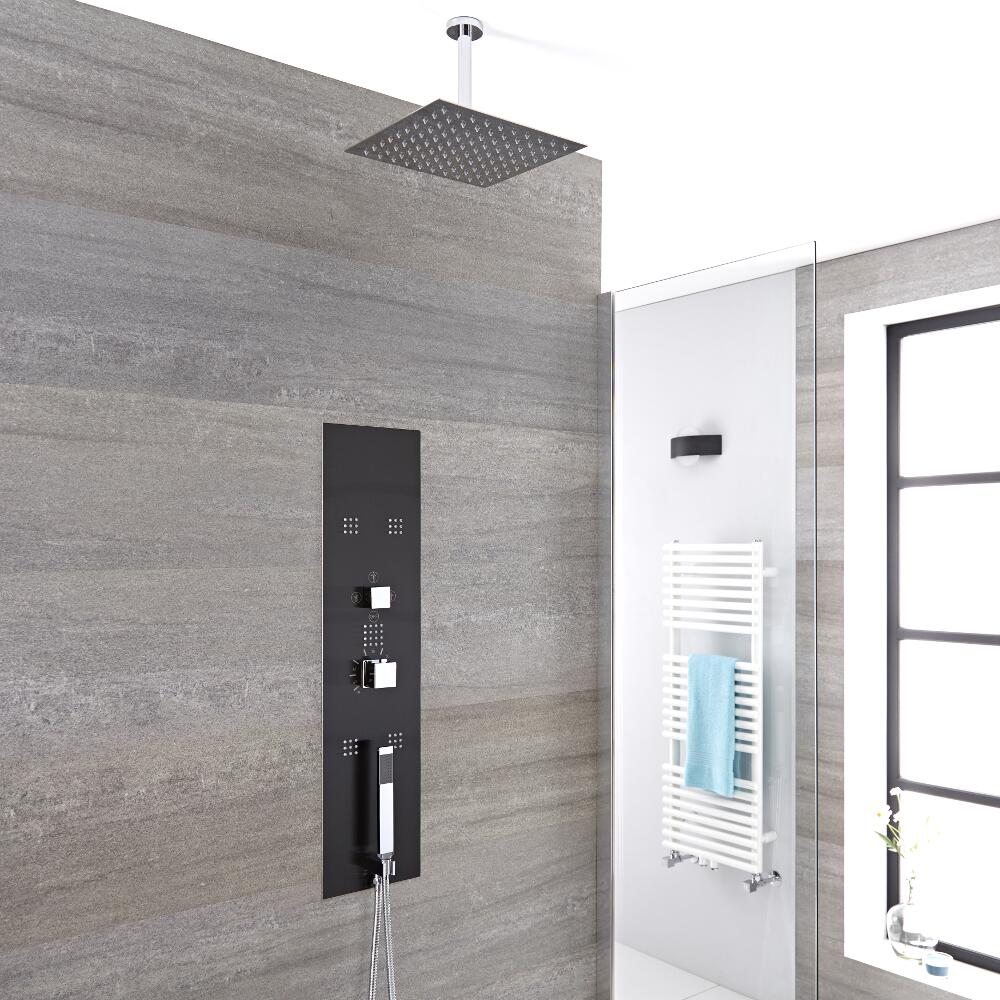 Llis 3-weg Thermostatisch Inbouw Douchepaneel Staalgrijs 30 x 30cm Vierkante Douchekop & 15cm Plafond-arm Handdouche Bodyjet