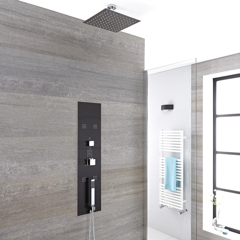 3-weg Thermostatisch Inbouw Douchepaneel Staalgrijs 40 x 40cm Vierkante Douchekop & 5cm Korte Plafond- arm Handdouche & Bodyjets