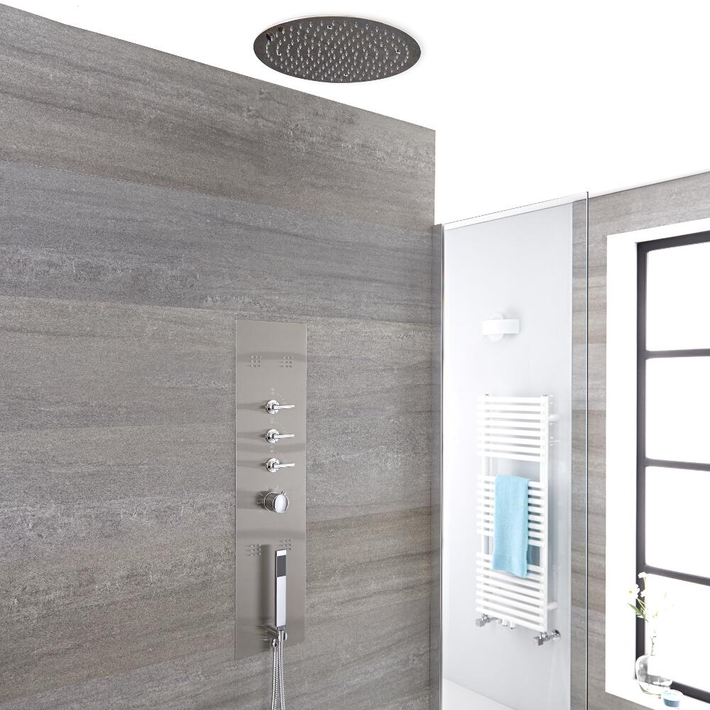 Voco 3-weg Inbouw Douchepaneel Geborsteld Staal d. 40cm Verzonken Plafond Douchekop Handdouche & Bodyjets