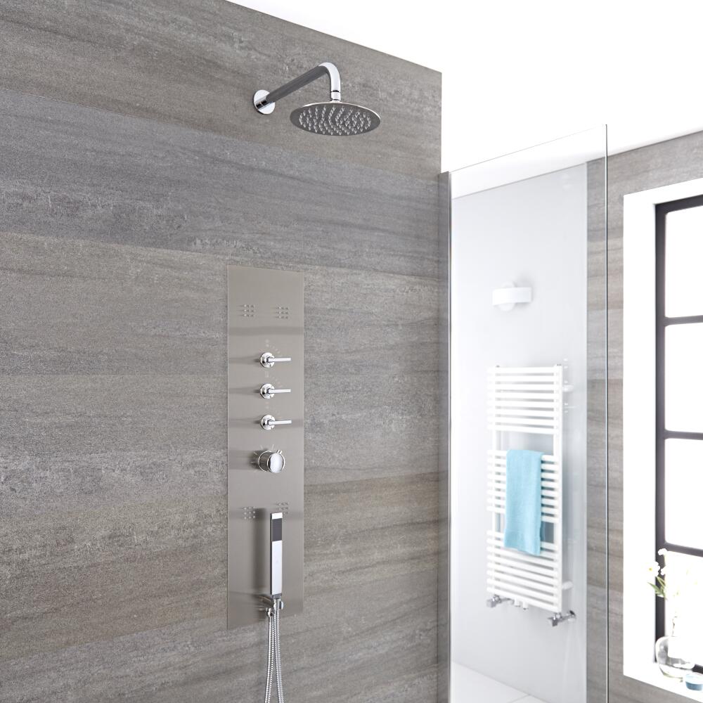 Voco 3-weg Inbouw Douchepaneel Geborsteld Staal d. 20cm Douchekop met Muur-arm Handdouche & Bodyjets