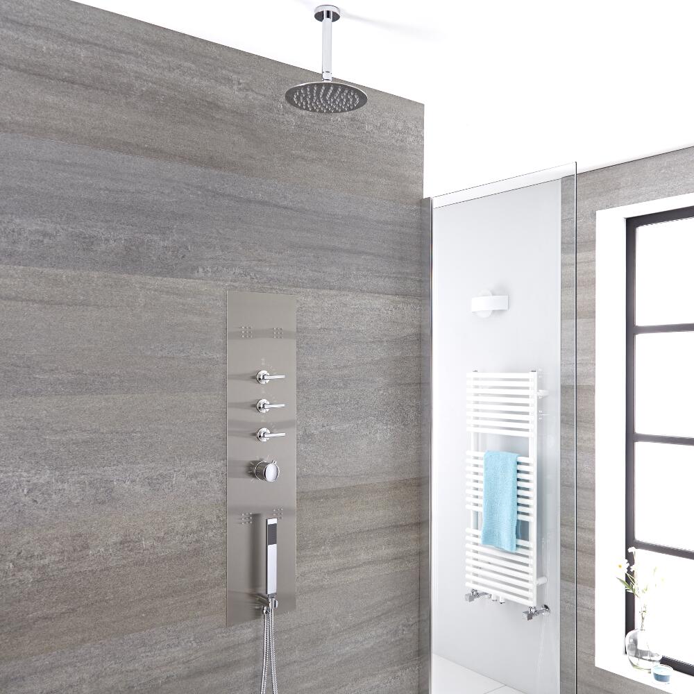 Voco 3-weg Inbouw Douchepaneel Geborsteld Staal d. 20cm Douchekop 15cm Plafond-arm Handdouche & Bodyjets
