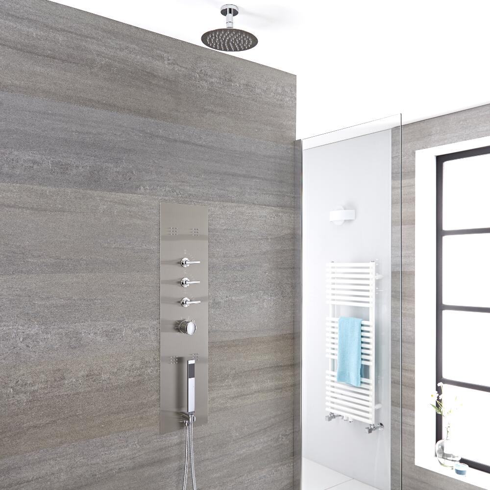 Voco 3-weg Inbouw Douchepaneel Geborsteld Staal d. 20cm Douchekop 5cm Korte Plafond-arm Handdouche Bodyjet