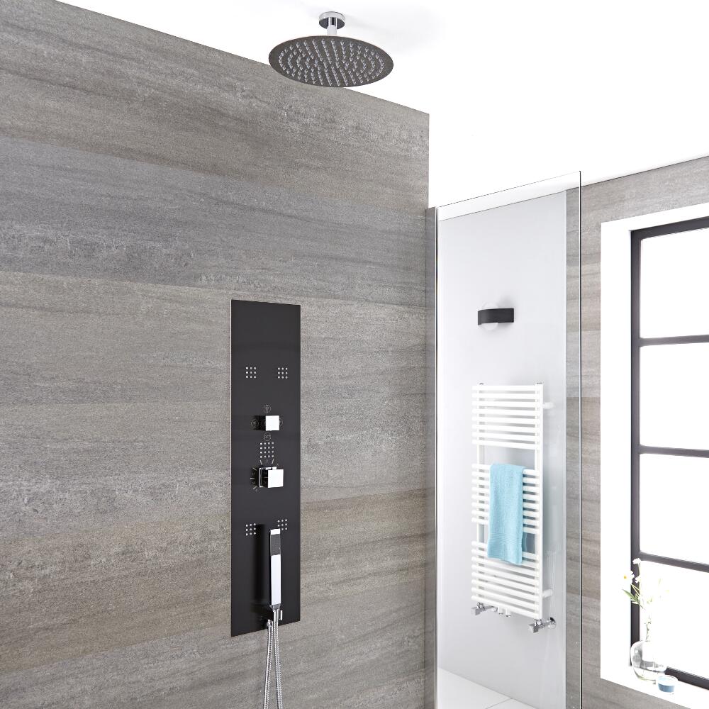 3-weg Inbouw Douchepaneel Geborsteld Staal d. 30cm Douchekop Korte Plafond-arm 5cm Handdouche Bodyjet