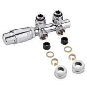 Radiatorkraan Thermostatisch Onderblok Middenaansluiting Haaks Chroom met 15mm Adapters