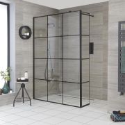 Vaste Douchewand 195cm Hoog met Stabilisatiestang - Zwart Geruit | Keuze Afmeting en Optie Zijwand | Barq
