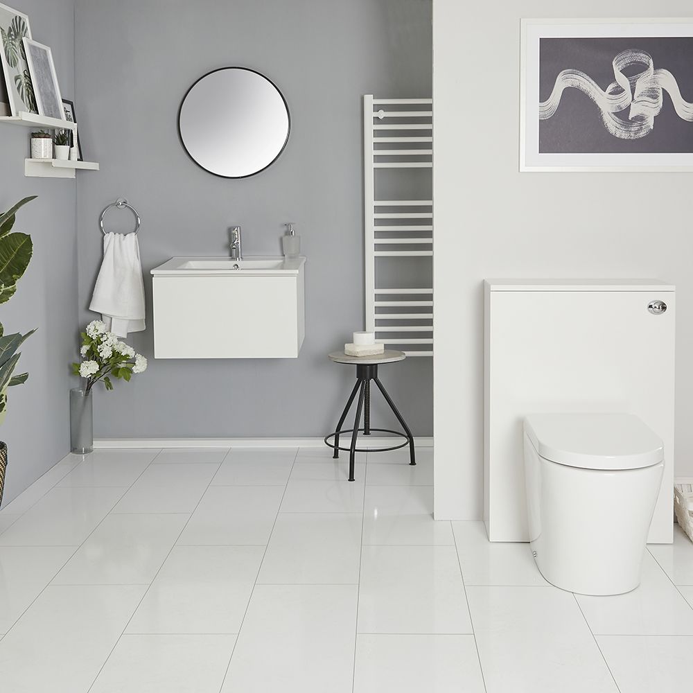 periode Normaal Vergoeding Hangend Wastafelmeubel 60cm met Wastafel, Staand Toilet en Stortbak met  WC-ombouw Wit | met LED Optie | Newington