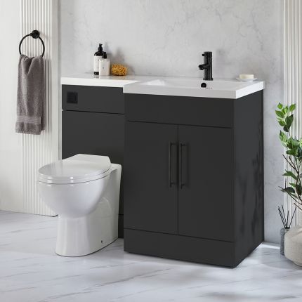 Wastafelmeubel en WC-Ombouw Combinatie 110,5cm, Incl. Wastafel, Staand Toilet en Verborgen Reservoir | Keuze Afwerking, Meubelgrepen | Linker of Rechter Uitvoering | Cluo