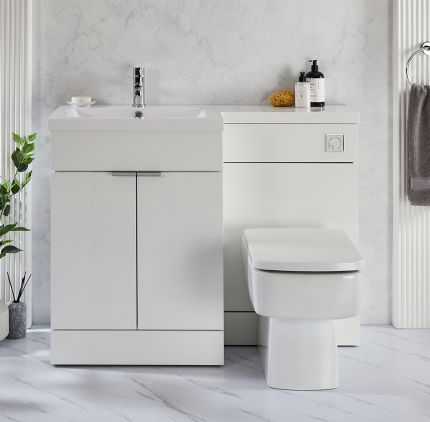 Wastafelmeubel en WC-Ombouw Combinatie 110,5cm, Incl. Staand Toilet, Verborgen Reservoir en Wastafel | Keuze Afwerking en Meubelgrepen | Linker of Rechter Uitvoering | Cluo