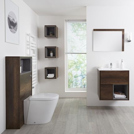 Badkamermeubel Set Hangend 60 cm Donker Eiken Incl Wastafelmeubel + Toilet + Stortbak + Ombouw + Spiegel - incl/excl. LED - Hoxton
