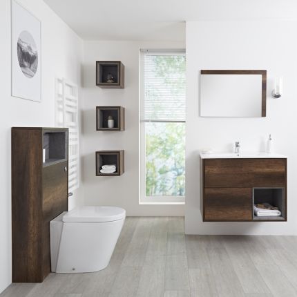 Badkamermeubel Set Hangend 80cm Donker Eiken Incl Wastafelmeubel + Toilet + Stortbak + Ombouw + Open Kast - Incl/excl LED - Hoxton