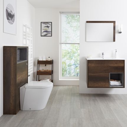 Badkamermeubel Set Hangend 80 cm Donker Eiken Incl Wastafelmeubel + Toilet + Stortbak + Ombouw - incl/excl. LED - Hoxton