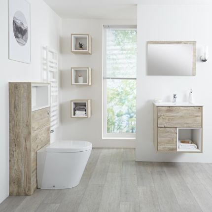 Badkamermeubel Set Hangend 60 cm Licht Eiken Incl Wastafelmeubel + Toilet + Stortbak + Ombouw - incl/excl. LED - Hoxton