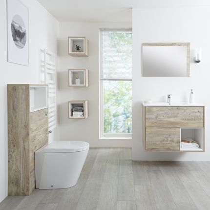 Badkamermeubel Set Hangend 80 cm Licht Eiken Incl Wastafelmeubel + Toilet + Stortbak + Ombouw - incl/excl. LED - Hoxton