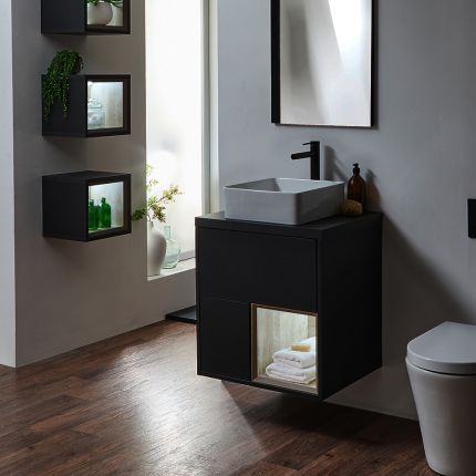 Hangend Wastafelmeubel 60cm met Open Plank | Keuze Afwerking, Opzetwastafel en LED-Verlichting | Hoxton