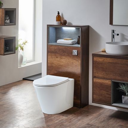 WC-Ombouw 60cm met Open Plank - Colby Staand Toilet - Inbouw Reservoir | Keuze Afwerking en Spoelknop | Optie voor LED-Verlichting | Hoxton