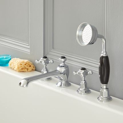 Badmengkraan 4-Gats Klassiek met Kruiskop Handvaten en Handdouche Chroom en Zwart | Elizabeth