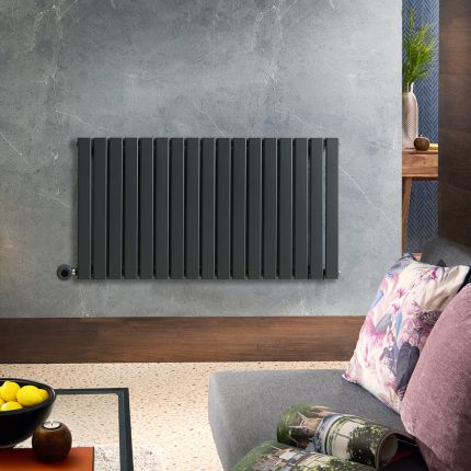 Elektrische Design Radiator Horizontaal Antraciet | 63,5cm x 119cm (Enkelpaneel) | met Thermostatisch WiFi Verwarmingselement 1000W | Delta - ECOSO van Hudson Reed