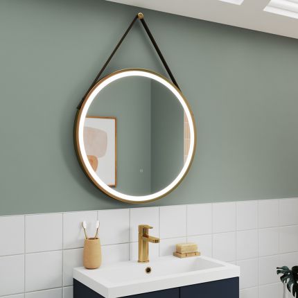 Spiegel Rond met Geborsteld Messing Lijst 80cm - Spiegelverwarming en LED Verlichting 21W