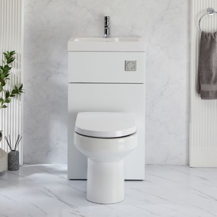 Covelly Toilet en Fontein Combinatie Modern Incl. WC-ombouw en Verbogen Reservoir 50cm x  89cm | Keuze Afwerking Ombouw en Spoelknop | Cluo