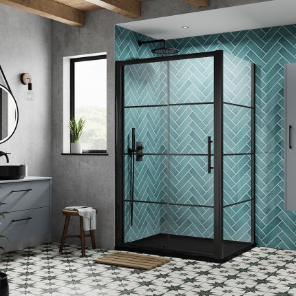 Douche Schuifdeur met Zijwand en Steeneffect Douchebak - Hoekinstallatie - Zwart | Keuze Afmeting en Afwerking Douchebak | Apex