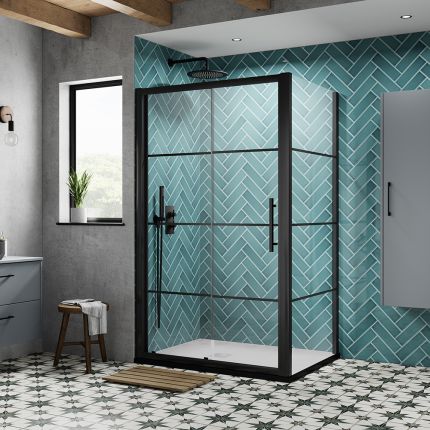 Douche Schuifdeur met Zijwand en Douchebak - Hoekinstallatie - Zwart | Keuze Afmeting | Apex