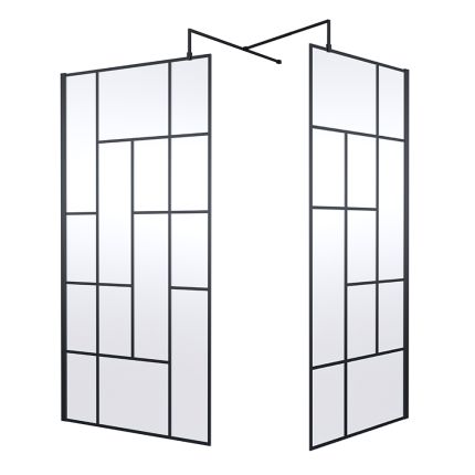 Inloopdouche Hoek - Douchewand met Zwart Abstract Rasterpatroon en Douchebak | Keuze Afmeting Douchebak en Optie voor Zijwand