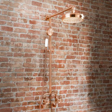 Doucheset Industriële Stijl  -  2-Weg Opbouw Douchekraan, Ronde Douchekop en Handdouche - Satijn Koper | Zandra