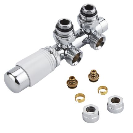 Radiatorkraan Thermostatisch Onderblok Middenaansluiting Haaks Chroom-Wit met 16mm Multi-Adapters
