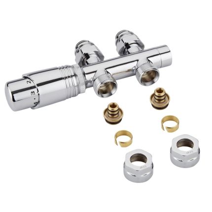 Radiatorkraan Thermostatisch Onderblok Middenaansluiting Recht Chroom met 16mm Multi-Adapters