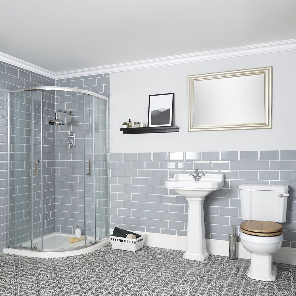 Badkamerset - Douchecabine Kwadrant, Duoblok Toilet en Wastafel 50cm met Zuil Klassiek Wit | Richmond