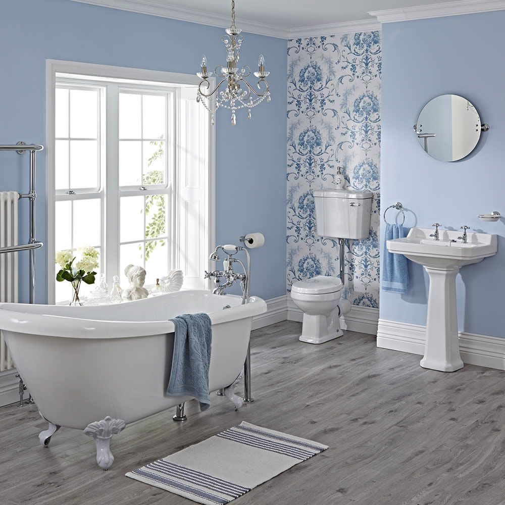 Complete Badkamerset Wit Klassiek incl. Vrijstaand Bad met Witte Badpoten, Wastafel met Zuil en Halfhoog Toilet met WC-Bril | Carlton