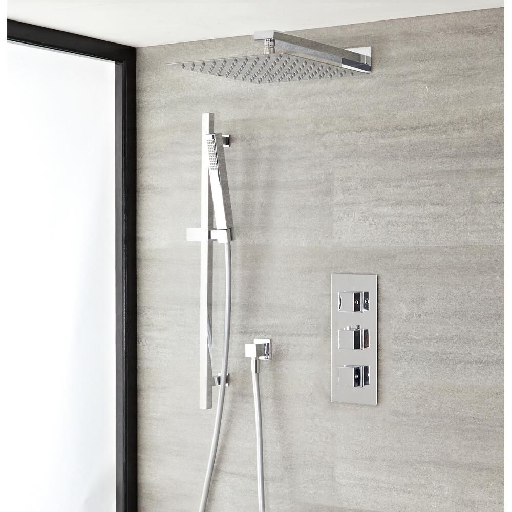 Doucheset - 2-Weg Thermostatische Douchekraan, Douchekop met Muurbevestigde Douchearm, Handdouche met Glijstang Chroom | Kubix