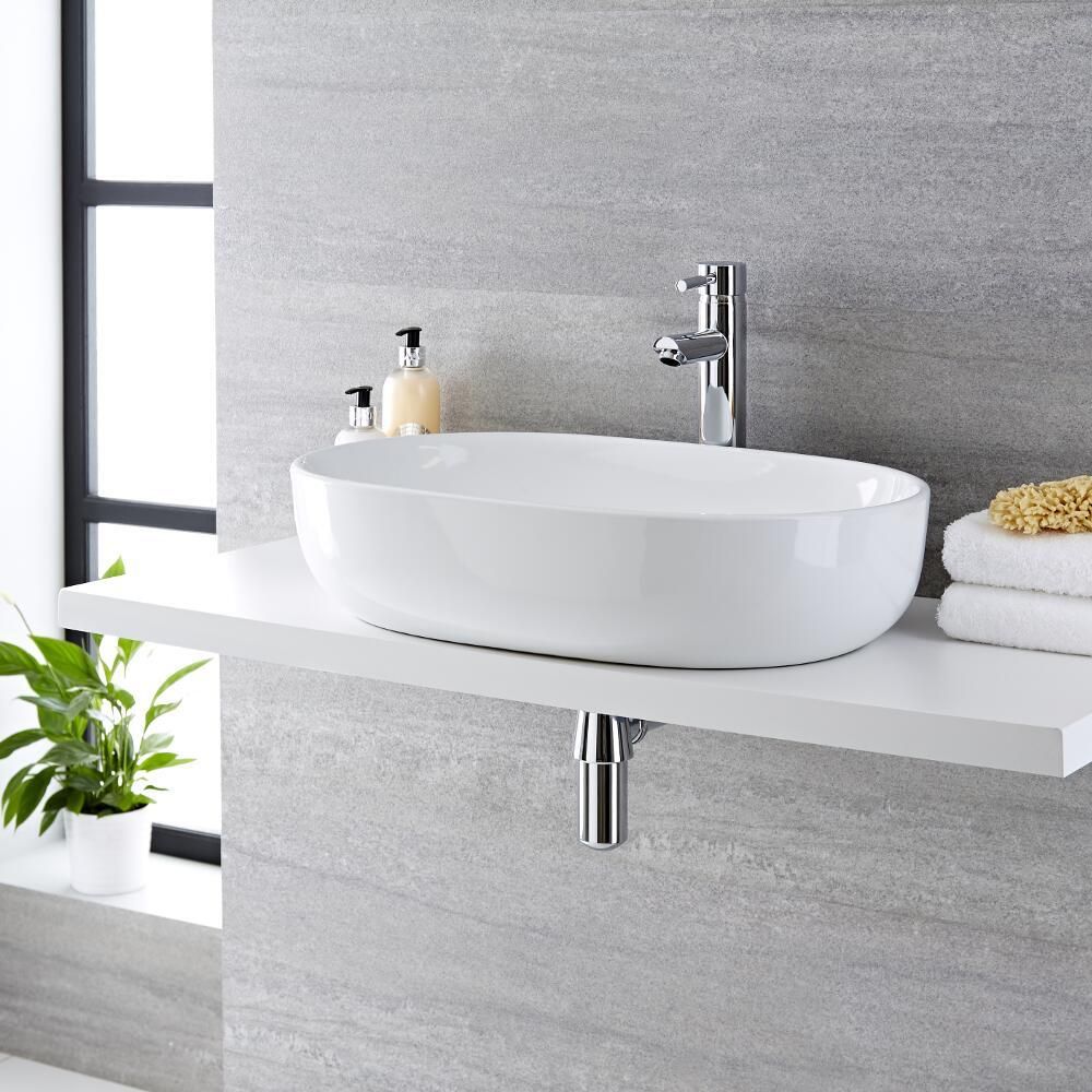 Opzetwastafel Ovaal 59cm x 42,5cm Wit met Verhoogde Wastafelmengkraan Chromen | Otterton