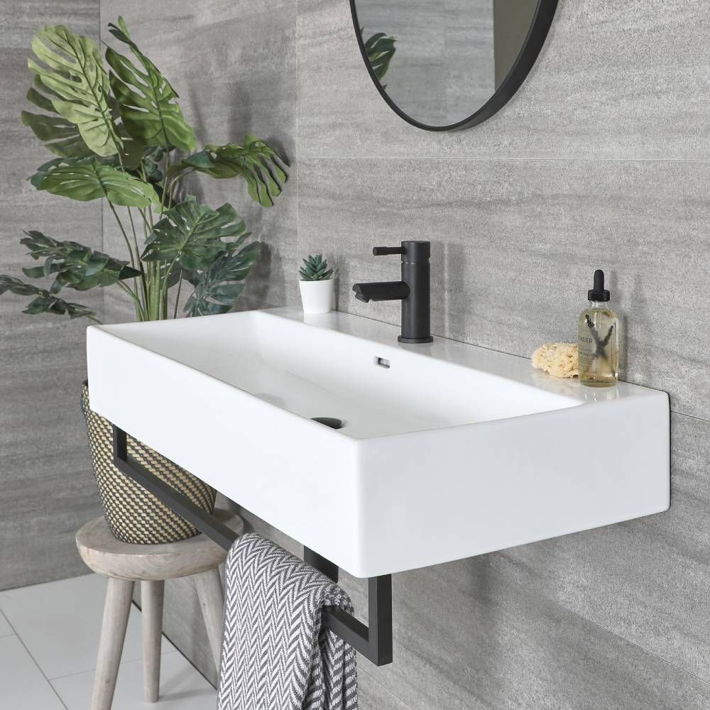Hangende Wastafel 75cm x 42cm (1 Kraangat) Wit met Zwart Handdoekrek | Sandford