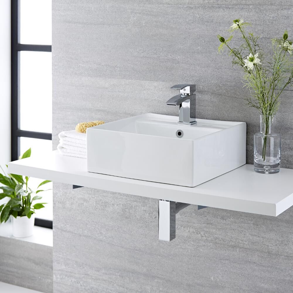 Opzetwastafel 41cm x 41cm Modern Wit met 1-Gats Wastafelmengkraan Chromen | Halwell
