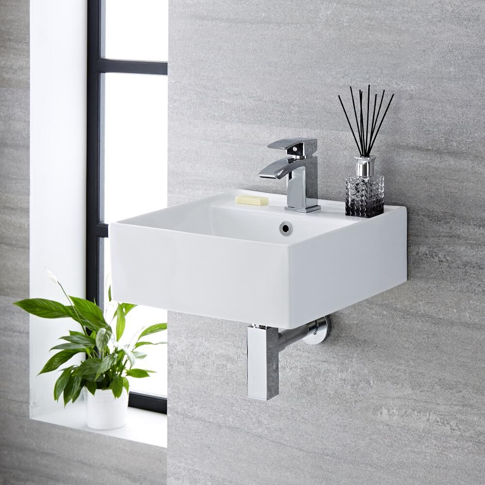 Fontein Toilet Keramiek Vierkant B.40 x D.40cm Met 1 x Kraangat Wit | Halwell