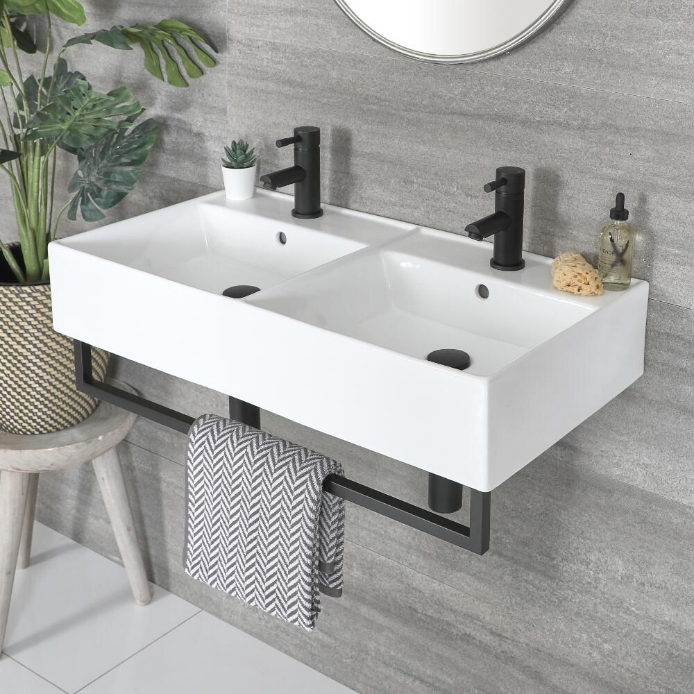 Hangende Dubbele Wastafel 82cm x 42cm (2 x 1 Kraangat) Wit met Zwart Handdoekrek | Sandford