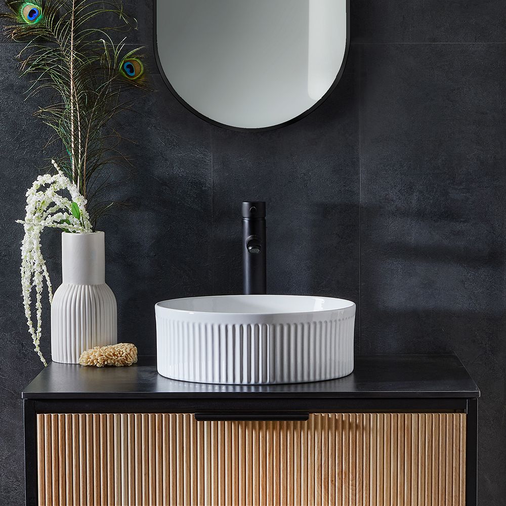 Opzetwastafel Rond 37cm Geribbeld Wit (Geen Kraangaten) | Florence