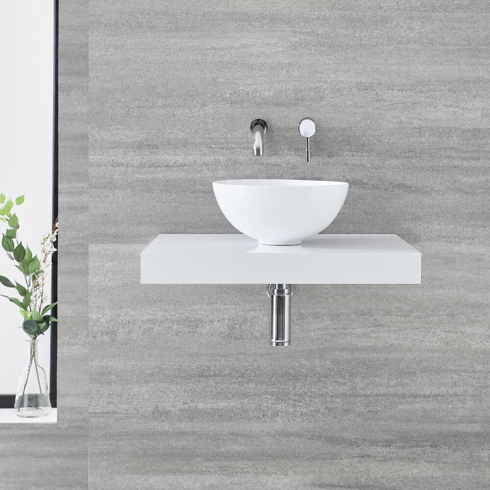 Fonteinmeubel Incl. Zwevend Wastafelblad Wit B.60cm En D.28cm Opzetwastafel Wit | Cluo