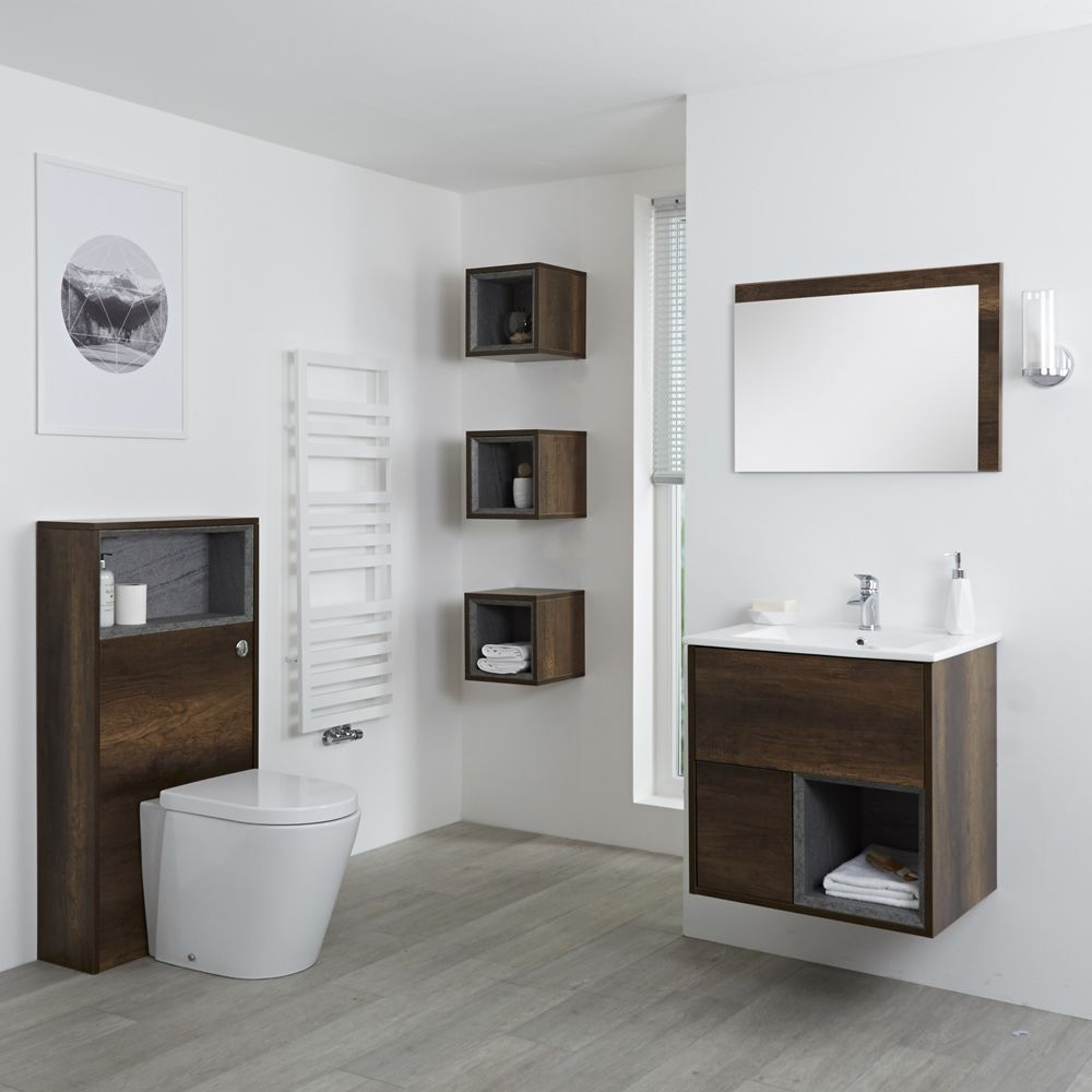 Badkamermeubel Set Hangend 60 cm Donker Eiken Incl Wastafelmeubel + Toilet + Stortbak + Ombouw + Spiegel - incl/excl. LED - Hoxton