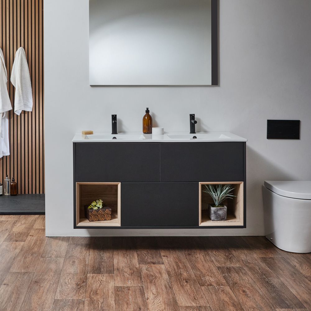 Wastafelmeubel Hangend 121cm met Dubbele Wastafel en Twee Open Planken | Keuze Afwerking, Wastafel en LED-Verlichting | Hoxton
