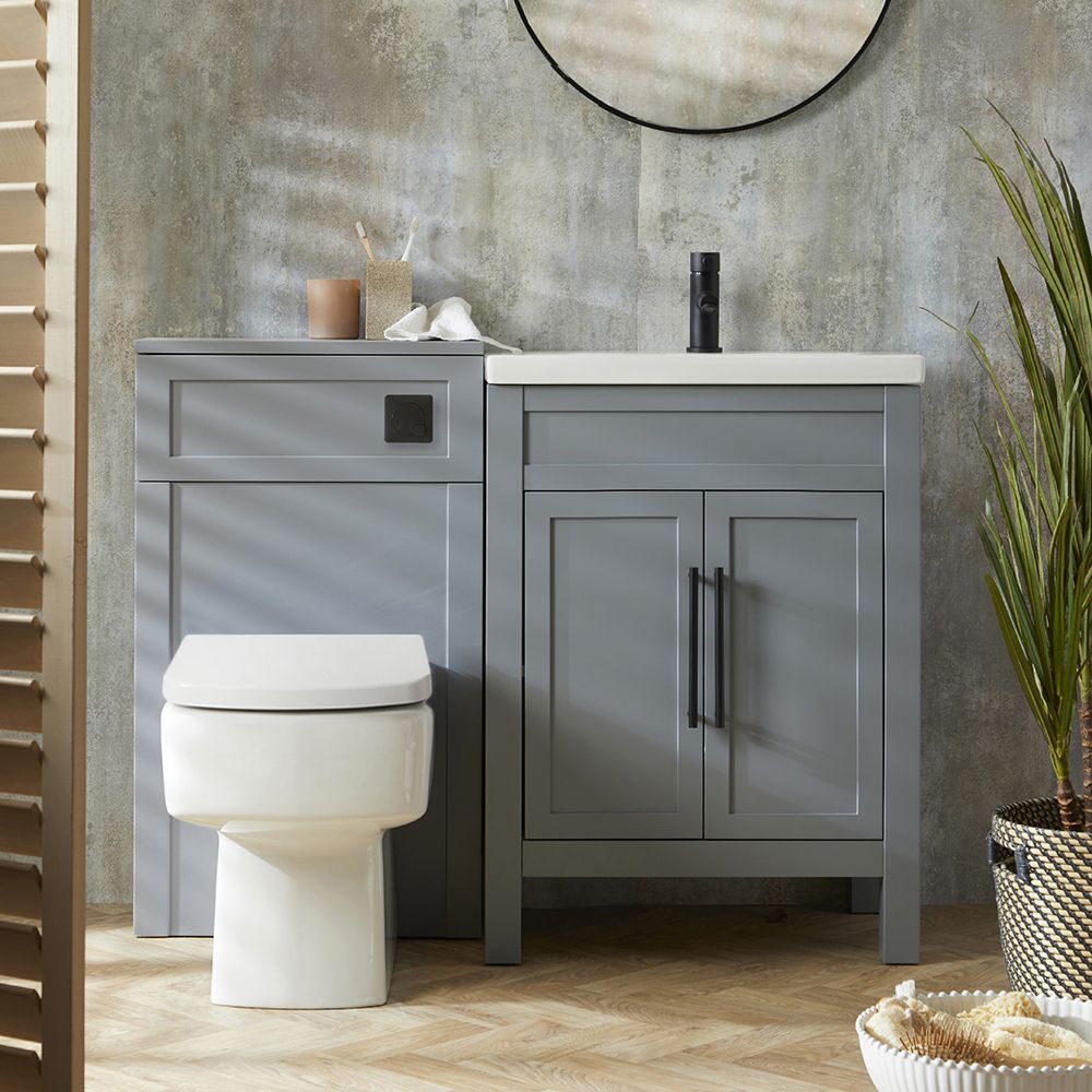 Wastafelmeubel Klassiek 60cm met Wastafel en Sandford Staand Toilet met WC-Ombouw - Lichtgrijs | Keuze Ontwerp en Afwerking Meubelgrepen | Warwick