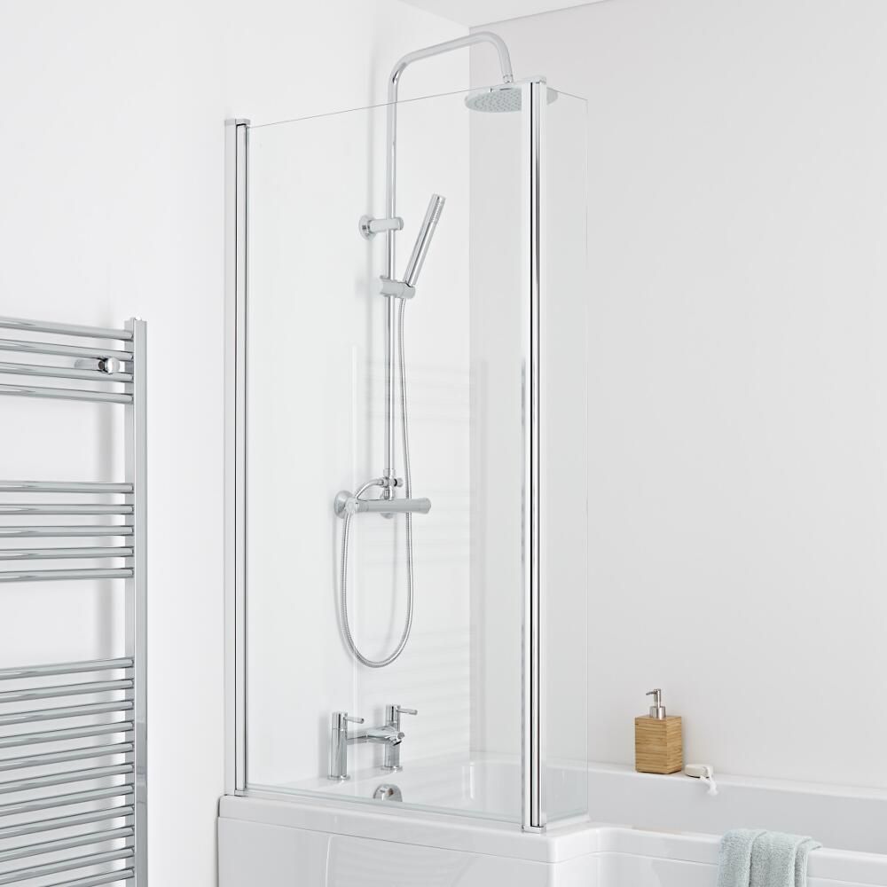 Badwand L-Vormig 6mm Dik Veiligheidsglas 140cm x 80cm Gepolijst Aluminium Profiel | Portland