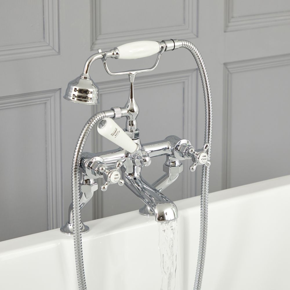Badmengkraan 2-Gats Klassiek met Kruiskop Handvaten en Handdouche Chroom en Wit | Elizabeth