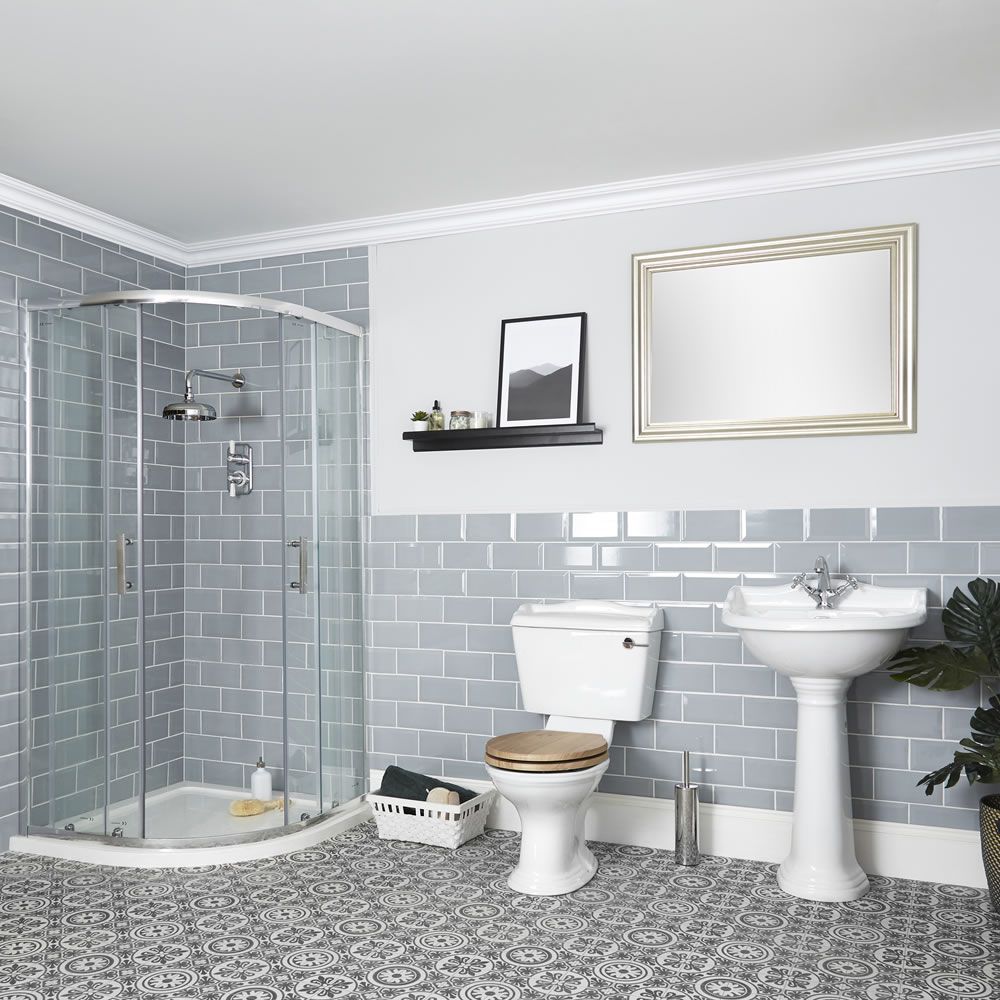 Badkamerset - Douchecabine Kwadrant, Duoblok Toilet en Wastafel 60cm met Zuil Klassiek Wit | Ryther