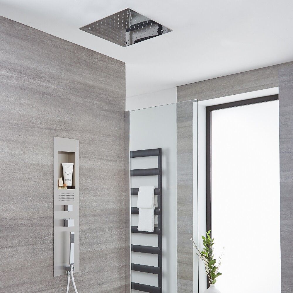 Douchepaneel Inbouw 3-Weg Thermostatisch 2-Delig met Plafond Douchekop, Handdouche en 1 x Zijdouche Geborsteld Staal | Llis